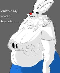 1girls 2026 anthro big_belly breasts female female_focus female_only furry huge_breasts large_breasts red_nose shirt solo solo_female solo_focus text_on_shirt white_fur white_shirt