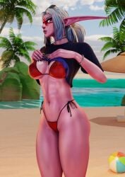 2026 3d beach beach_ball beach_umbrella bikini bikini_bottom bikini_top elf elf_ears facial_markings female glowing_eyes grand_theft_auto_vi mrtaxman necklace night_elf ocean painted_nails palm_tree pointed_ears red_bikini shirt_lift stalaisa sunglasses white_hair world_of_warcraft