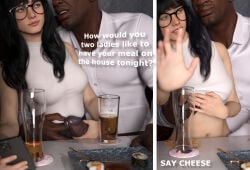 2_panel_comic alcohol alcoholic_drink bangs beer breast_grab cheating cheating_wife dark-skinned_male drinking drunk english_text fingering glasses handjob hdr_ntrgirl hdregrets interracial netorare ntr photo ring shirt_lift text two_panel_image wedding_ring