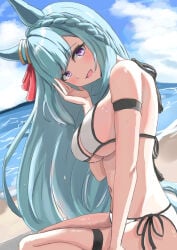 1girls bikini blue_hair blush breasts cyan_hair female female_only horse_ears horse_girl horse_tail long_hair looking_at_viewer mejiro_ardan_(umamusume) open_mouth purple_eyes umamusume umamusume:_cinderella_gray umamusume_pretty_derby
