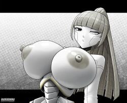 1girls albina_(limbus_company) big_areola big_nipples breasts breasts_bigger_than_head cybernetics cyborg exposed_breasts female_focus huge_breasts kushishekku limbus_company looking_at_viewer pale-skinned_female pale_skin ponytail project_moon robot_girl solo solo_female top_view