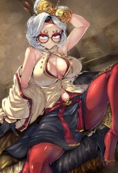 1girl arm_behind_head arm_up bare_shoulders big_breasts black_gloves black_sandals black_skirt blush breasts cleavage coat commentary_request eyeshadow gloves hair_ornament hair_stick headband high_heel_sandals high_heels highres large_breasts looking_at_viewer makeup navel nintendo off_shoulder pantyhose partially_unbuttoned purah purah_(tears_of_the_kingdom) red-framed_eyewear red_eyes red_eyeshadow red_headband red_pantyhose round_eyewear sandals sheikah shimure_(460) shirt short_eyebrows short_hair sitting skirt sleeveless sleeveless_shirt solo spread_legs sweat tears_of_the_kingdom the_legend_of_zelda the_legend_of_zelda:_tears_of_the_kingdom thick_eyebrows updo wet white_coat white_hair white_shirt
