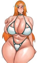 1girls 2d bikini bleach breasts breasts_bigger_than_head female female_only inoue_orihime kelvin_hiu light-skinned_female light_skin orange_hair solo solo_female tagme thighs white_background