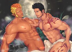 2boys abs absurdres bara bare_chest beard black_hair blonde_hair bulge bulges_touching chest erection erection_under_clothes facial_hair fate_(series) goatee grabbing green_eyes gyee highres ko_shushu licking_lips looking_at_viewer male_focus male_only manly minamoto_no_raikou_(gyee) moon multicolored_hair multiple_boys muscle naked_towel navel night nipples orange_hair outdoors pec_grasp pecs pectoral_grab priapus priapus_(gyee) red_pupils see-through short_hair sideburns smile steam tattoo thick_thighs thighs tongue tongue_out towel two-tone_hair