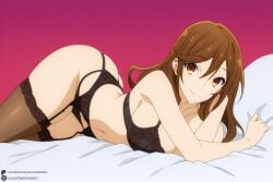 1female 1girl 1girls 2026 ai_generated artist_name ass big_ass big_breasts black_bra black_panties black_thighhighs bra breasts brown_eyes brown_hair cleavage curvy garter_belt hair_between_eyes hi_res high_quality high_resolution highres hori_kyouko horimiya huge_ass huge_breasts large_breasts lingerie long_hair looking_at_viewer lying navel on_side panties patreon patreon_username smile solo thighhighs underwear underwear_only unjobdespiert watermark