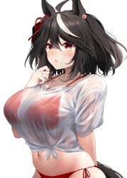 1girls belly belly_button bikini black_hair blush blushing female female_only hand_behind_back horse_ears horse_girl horse_tail kitasan_black_(umamusume) red_bikini red_eyes solo solo_female transparent_clothing umamusume umamusume_pretty_derby wet_clothes