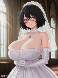 1girl ai_generated bare_shoulders black_hair blush breasts bridal_veil bride brown_eyes chainsmoker_cat church cleavage closed_mouth dress elbow_gloves glasses gloves huge_breasts indoors jewelry looking_at_viewer necklace own_hands_together red-framed_eyewear see-through short_hair smile solo tatsuno_saori veil wedding_dress white_dress white_gloves window yani_neko