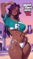 1girl 1girls 2026 ai_generated arm_up artist_name beach beer_can bikini bleach blurry blurry_background blush bracelet breasts can ccmint closed_mouth crop_top crop_top_overhang cropped_shirt curvy dark-skinned_female dark_skin drink_can earrings english_text evening eyewear_on_head female female_focus gold_necklace gradient_sky grand_theft_auto grand_theft_auto_vi green_shirt highleg highleg_bikini highres holding holding_can hoop_earrings jewelry large_breasts lips long_hair looking_at_viewer navel necklace outdoors parted_bangs patreon_username purple_hair shihouin_yoruichi shirt short_sleeves side-tie_bikini_bottom sky smile soda_can solo standing stomach string_bikini sunglasses sunset swimsuit thick_thighs thighs tree uncensored underboob very_dark_skin white_bikini wide_hips yellow_eyes yoruichi_shihouin