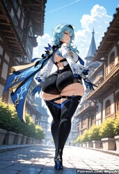 1girl ai_assisted ai_generated ass bangs black_legwear black_leotard blue_hair boots braid breasts curvaceous curvy curvy_female curvy_figure eula_(genshin_impact) female garter_straps genshin_impact gloves hair_ornament high_heels hip_vent large_breasts leotard long_hair looking_at_viewer looking_back miyuai sky smile solo standing thick thick_ass thick_butt thick_hips thick_legs thick_thighs thigh_boots thighhighs thighs voluptuous voluptuous_female wide_hips wide_thighs