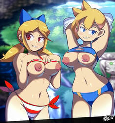 armpits big_breasts bikini blonde_female blonde_hair blue_eyes exposed_breasts female freakyed human pinup red_eyes shantae smooth_skin striped_bikini striped_clothing striped_panties twitch_(shantae) video_games vinegar_(shantae)