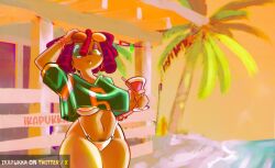 1girls beach big_breasts bikini bracelets breasts button_eye crop_top drink_in_hand earrings glitch_productions gooseworx gta_vi_cover_girl hoop_earrings ika_fukka ikapukka ragatha ragatha_(tadc) ragatha_(the_amazing_digital_circus) red-haired_female red_hair solo_female sports_jersey sunglasses tagme tattoo_above_pussy the_amazing_digital_circus thick_thighs triangle_nose wide_hips