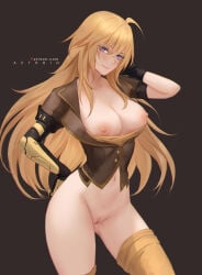 aztodio blonde_hair elbow_gloves gloves jacket large_breasts long_hair navel nipples purple_eyes pussy rwby thighhighs thighs wide_hips yang_xiao_long yellow_thighhighs