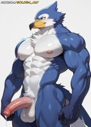 abs ai_generated bara big_balls big_penis bird blue_eyes blue_fur erection fur furry muscular precum solo tail veiny_penis white_fur
