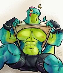 anthro bara barazoku bulge flaccid fortnite its_coldpizzart lifting_shirt lizard lizzik_(fortnite) male male_only muscles muscular scalie shirt_lift solo solo_male