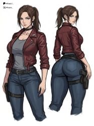 1girl 1girls ass big_ass big_breasts biohazard blue_eyes breasts brown_hair brown_hair_female brunette brunette-haired_female brunette_female brunette_hair capcom choker claire_redfield claire_redfield_(jordan_mcewen) cleavage clothed clothed_female dat_ass dewspire female female_focus female_only female_solo human human_female human_only human_solo jacket jeans large_breasts resident_evil resident_evil_2 resident_evil_2_remake resident_evil_code_veronica simple_background standing standing_up twitter video_game_character video_game_franchise video_games