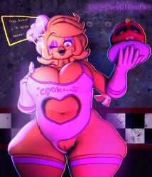 3d_(artwork) anthro apron avian bear5 big_breasts bird breasts chica_(fnaf) chicken chiku_(cryptiacurves) clothing cupcake_(fnaf) davethew0lfnsfw dialogue digital_media_(artwork) female five_nights_at_freddy's galliform genitals hi_res looking_at_viewer navel non-mammal_breasts non-mammal_navel phasianid scottgames simple_background solo spread_vulva spreading standing thick_thighs under_boob vulva wide_hips yellow_body