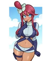 1girl artist_name big_breasts blue_eyes blue_jacket blue_shorts closed_mouth commentary cowboy_shot crop_top cropped_jacket eyelashes game_freak gloves hair_between_eyes hair_ornament hand_up highres index_finger_raised jacket large_breasts long_hair looking_at_viewer muis0802 navel nintendo one_side_up pokemon pokemon_black_and_white pokemon_bw pouch short_hair_with_long_locks short_shorts shorts sidelocks skyla_(pokemon) smile solo swept_bangs tan tan_body tan_skin tanned_female thigh_holster thigh_pouch thigh_strap