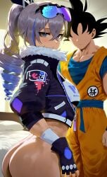 1boy 1boy1girl 1female 1girl 1girls 1male 2d ai ai_art ai_generated black_hair bottomless crossover crossover_pairing crossover_sex dragon_ball faceless faceless_character faceless_male hair hair_ornament honkai:_star_rail honkai_(series) looking_at_viewer orange_clothing powerscaling silver_eyes silver_hair silver_wolf_(honkai:_star_rail) son_goku