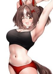 1girls armpits belly belly_button big_breasts blush blushing_at_viewer boobs breasts brown_hair crop_top female female_only gran_alegria_(umamusume) hands_behind_head horse_ears horse_girl horse_tail looking_at_viewer multicolored_hair open solo solo_female umamusume