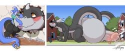 absurd_res anthro arador_(aradortd) aradortd balls big_balls big_penis blank_(blankdrgn) blue_body blush clothed clothing comic destruction dragon duo ejaculation erection extreme_size_difference genitals glans grey_body hi_res huge_balls huge_penis humanoid_genitalia humanoid_penis hyper hyper_balls hyper_genitalia hyper_penis macro male mythological_creature mythological_scalie mythology penis penis_backwards scalie size_difference tail