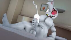 1boy 1girl 3d 3d_(artwork) angel_dust angel_dust_(hazbin_hotel) animal_feet arm_support barefoot blush breasts colored_sclera colored_skin completely_nude constricted_pupils cum disembodied_penis dutch_angle ejaculation erection feet fruit full_body furry furry_male grey_skin happy hazbin_hotel hellaverse indoors ironhawk large_breasts leaning_back legs looking_down male male_masturbation masturbating masturbation multicolored_skin muscular no_nipples nude on_bed open_mouth penis personification picture_frame projectile_cum raised_eyebrows red_eyes red_sclera sharp_teeth sitting soles solo tail teeth testicles thighs toes two-tone_skin uncensored vivienne_medrano white_eyes