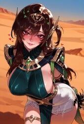 1girl 1girls ai_generated armor arms_behind_back balecxi blurry_background blush bracelet breasts brown_eyes brown_hair chizuru_mizuhara circlet closed_mouth clothing curvaceous curvaceous_female curvaceous_figure curvy curvy_figure desert dress earrings elbow_gloves female female_focus gauntlets gloves hair_between_eyes hair_ornament heart-shaped_pupils heart_in_eye jewelry kanojo_okarishimasu large_breasts leaning_forward lips long_hair looking_at_viewer miniskirt mizuhara_chizuru outdoors red_lips shiny_skin shoulder_armor sideboob skirt smile solo symbol-shaped_pupils symbol_in_eye thighlet thighs voluptuous voluptuous_female white_skirt