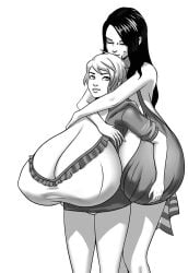 2girls 2women couple degeneratepai gigantic_breasts girls_only holding_breast holding_breasts hugging hugging_from_behind lesbian massive_breasts women women_only yuri