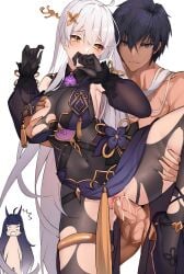 anos_voldigoad black_eyes blush blushing clothed_female_nude_male clothed_sex crossover cum cum_in_pussy cum_inside demon dick_in_pussy edit edited golden_eyes hair_between_eyes hair_on_shoulder hair_ornament hand_over_mouth heels high_heels honkai_(series) honkai_impact_3rd kiana_kaslana kiana_kaslana_(herrscher_of_finality) maou_gakuin_no_futekigousha medium_breasts purple_hair raiden_mei raiden_mei_(herrscher_of_thunder) red_eyes surprised_expression the_misfit_of_demon_king_academy white_background white_hair yellow_eyes