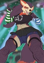 1girls abs anthro anthro_female artist_name artist_request ass_visible_through_thighs belt bike_shorts bike_shorts_under_skirt black_shirt black_skirt blurry_background breasts claws crop_top elbow_gloves fangs fingerless_gloves fishnet fishnet_thighhighs fishnets furry furry_female furry_only gloves holding holding_microphone long_hair looking_at_viewer low-angle_view low_angle microphone midriff miniskirt open_mouth pleated_skirt rammstein sexy_attire sharp_teeth shirt short_sleeves shorts shorts_under_skirt sign_of_the_horns singing skirt smile solo spats standing stomach striped_gloves tail teeth thick_thighs thighhighs thighs torn_clothes torn_shorts upskirt woman