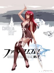 aztodio breasts cleavage cordelia_(fire_emblem) dress english_text fire_emblem fire_emblem_awakening garter_belt garter_straps hair_ornament japanese_text long_hair navel pink_thighhighs red_boots red_dress red_eyes red_hair small_breasts spear text_focus thigh_boots thighhighs thighs very_long_hair weapon