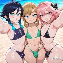 3boys ai_generated astolfo_(fate) beach bikini blonde_hair blue_eyes braided_hair bulge bulge_through_clothing crossdressing crossover cyan_eyes cyan_hair fate_(series) femboy feminine_male fjordguten genshin_impact group link link_(breath_of_the_wild) link_(tears_of_the_kingdom) ocean pink_eyes pink_hair sand selfie sissification sissy summer swimsuit the_legend_of_zelda trio twink venti_(genshin_impact)