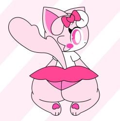 2d 2d_(artwork) bealmmaker big_butt big_tail blush bubble_ass cat cute eyelashes feet female female_only looking_at_viewer looking_back oc original_character panties pawpads pink_background pink_bow pink_eyes pink_skin sitting_on_feet white_shirt