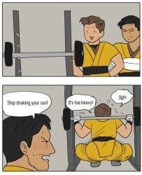 2boys black_hair blush blush_lines blushing blushing_male brown_hair chibi chibi_style clothed clothing dumbbell english english_text flustered flustered_male gay hammy_san863 johnny_cage kenshi_takahashi male male_only mortal_kombat mortal_kombat_1_(2023) mostly_clothed shaking_ass squat squatting tagme text text_bubble training tremble_lines trembling twerking working_out