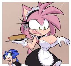 2girls amy_rose big_breasts cleavage green_eyes large_breasts maid maid_headdress maid_uniform mobian_(species) nelljoestar pink_hair simple_background sonic_(series) sonic_the_hedgehog_(series)