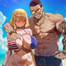ai_generated american_flag_bikini big_breasts blush breast_grab cha_hae_in cheating embarrassed muscular_male netorare solo_leveling tagme tattoo wide_hips