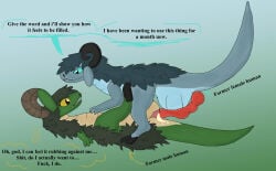 after_transformation assertive_male blue_body blue_eyes blue_fur bodily_fluids cum dewodude dinosaur dragonscape drekir duo english_text female feral ftm_transformation fur gender_transformation genital_fluids green_body grey_body grey_fur hi_res horn hybrid imminent_sex male male/female mtf_transformation prehistoric_species profanity reptile rubbing saurischian scalie text theropod transformation yellow_eyes