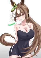 1girls belly_button big_breasts blush blushing_at_viewer breasts brown_hair female female_only hands_behind_back horse_ears horse_girl horse_tail long_hair looking_at_viewer orange_eyes satono_diamond_(umamusume) swimsuit umamusume umamusume_pretty_derby wet