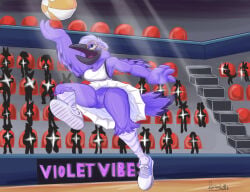 anthro avian ball basketball_(ball) bird bottomless bottomwear breasts clothed clothing corvid corvus_(genus) daison_the_fox exhibitionism eyewear feathers female footwear genitals glasses group hi_res jumping non-mammal_breasts oscine partially_clothed passerine public raven shoes skirt solo sportswear stadium uniform upskirt violet_raven_(valkyries) vulva wings