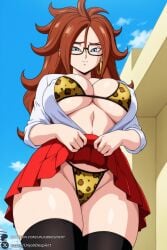 1female 1girl 1girls 2026 ai_generated android_21 android_21_(human) animal_print artist_name big_ass big_breasts bikini black-framed_eyewear black_thighhighs blue_eyes blue_sky breasts brown_hair cleavage clothes_lift covered_nipples curly_hair curvy day dragon_ball dragon_ball_fighterz dragon_ball_z earrings glasses hi_res high_quality high_resolution highres hoop_earrings huge_ass huge_breasts jewelry large_breasts leopard_print lifted_by_self long_hair looking_at_viewer looking_down navel open_clothes open_shirt outdoors patreon patreon_username pleated_skirt print_bikini red_skirt school_uniform shirt skirt skirt_lift sky solo swimsuit thick_thighs thighhighs thighs underboob unjobdespiert watermark web_address white_shirt