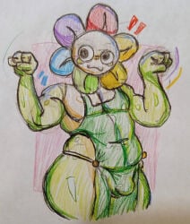 anthro apron belly big_butt blush blushcrunch_studio bulge butt clothing dandy's_world dandy_(dandy's_world) femboy flower looking_at_viewer male overalls overalls_only plant slightly_chubby slightly_chubby_anthro solo thick_thighs welyr