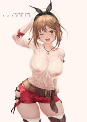 atelier_(series) atelier_ryza aztodio belt beret breasts brown_eyes brown_hair camisole large_breasts medium_hair navel necklace nipples reisalin_stout ryza sheer_clothes short_shorts smile thick_thighs thighhighs thighs white_thighhighs wide_hips