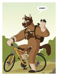 2026 anthro areola arm_hair backpack balls beard bicycle body_hair brown_body brown_fur brown_hair chest_hair clock cyclist day equid equine eyebrows eyewear facial_hair fingers flaccid foreskin fur genitals gesture glasses grass greeting greeting_viewer hair hi_res hooved_fingers hooves horse looking_at_viewer male male_anthro mammal nardodraws navel nipples nude_anthro nude_male open_mouth open_smile outside penis plant pubes raised_eyebrow shrub sitting sky smile solo talking_to_viewer vehicle visor watch waving waving_at_viewer wristwatch