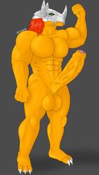 absurd_res anthro balls cracky45 digimon digimon_(species) digital_media_(artwork) erection genitals hi_res humanoid_genitalia humanoid_penis looking_at_viewer male male_only muscular muscular_anthro nude penis simple_background smile solo video_games wargreymon