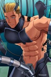 1boy abs android artist_name big_areola blonde_hair breasts brown_body charger charging club_z collarbone exhausted futuristic gay leaning_forward looking_up male male_only mature_male mechanical muscles muscular muscular_male no_visible_genitalia original original_character pecs robot robot_boy robot_humanoid short_hair six_pack solo standing suggestive tired unconscious yaoi