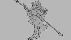 16:9 2020 anthro big_breasts breasts canid canine female fox fur grey_background hair holding_object holding_weapon mammal melee_weapon monochrome nipples nude polearm simple_background solo spear transformation watsup weapon widescreen