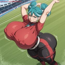 1girls ai ai_generated aqua_eyes aqua_hair arm_up big_ass big_breasts bodysuit breasts dutch_angle from_above gigantic_breasts hair_buns huge_ass huge_breasts inazuma_eleven inazuma_eleven_(series) mercury_(inazuma_eleven) nipple_bulge outdoors patreon patreon_username reenka25 short_sleeves smile smirk soccer stadium standing stretching thick thick_ass thick_thighs two-tone_hair white_belt