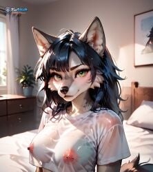ai_generated animal_ears anthro bed bedroom black_fur black_hair breasts canine canine_female clothed dog_ears dog_girl erotic female furry highres indoors large_breasts looking_at_viewer medium_hair nipple_piercing nipples patreon patreon_username pierced_nipples plant seductive see-through see-through_shirt smile solo suggestive sunlight t-shirt tail uncensored wet_shirt white_fur white_shirt window wolf wolf_girl yellow_eyes
