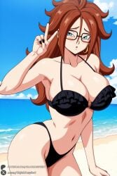 1female 1girl 1girls 2026 ai_generated android_21 android_21_(human) artist_name beach big_ass big_breasts bikini black-framed_eyewear black_bikini black_nails blue_eyes blue_sky blush breasts brown_hair cleavage collarbone curly_hair curvy day dragon_ball dragon_ball_fighterz dragon_ball_z earrings frilled_bikini frills glasses hi_res high_quality high_resolution highres hoop_earrings huge_ass huge_breasts jewelry large_breasts long_hair looking_at_viewer nail_polish navel o-ring o-ring_bikini ocean open_mouth outdoors patreon patreon_username sky solo swimsuit unjobdespiert v watermark