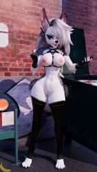 3d 3d_(artwork) alley alleyway annoyed annoyed_expression artist_logo artist_name barefoot barrier blender building choker damaged_ear dumpster ear_piercing ear_tuft evening exposed_breasts exposed_pussy female_focus female_only flipping_off flipping_the_bird flipping_viewer_off furry furry_female furry_only gloves helluva_boss latex long_hair looking_at_phone loona_(bysamzan) loona_(helluva_boss) muffintop20 naked naked_female nipples on_phone outdoors outside partially_clothed pentagram pussy red_sclera self_upload small_breasts solo solo_female thigh_highs torn_ear watermark white_eyes white_fur white_hair wolf wolf_ears wolf_girl wolf_humanoid wolf_tail