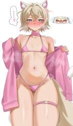 ... 2girls anger_vein animal_ears bikini blonde_hair blue_eyes blush choker commentary cowboy_shot crossed_bangs dog_ears dog_girl dog_tail double-parted_bangs english_commentary flat_chest fuwawa_abyssgard hair_between_eyes hair_intakes highres holoadvent hololive hololive_english jacket looking_at_viewer mococo_abyssgard multicolored_hair multiple_girls navel off_shoulder pink_bikini pink_choker pink_jacket pink_streaks short_hair simple_background solo_focus speech_bubble spoken_character stomach streaked_hair swimsuit tail two_side_up virtual_youtuber white_background yobi_(ybpac18)